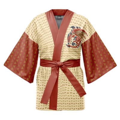 The X Mega Man Gaming Happi Coat Haori Kimono is a short, pale yellow kimono-style robe with brown trim and belt, geometric triangle-patterned sleeves, small brown triangles on the body, and a dragon design on the left chest.