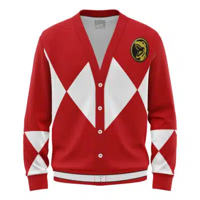 The Red Ranger Mighty Morphin Power Ranger Knitted Cardigan Sweater features white diamond-shaped patterns, a yellow and black dinosaur emblem on the left chest, and white front buttons—evoking the iconic superhero suit.