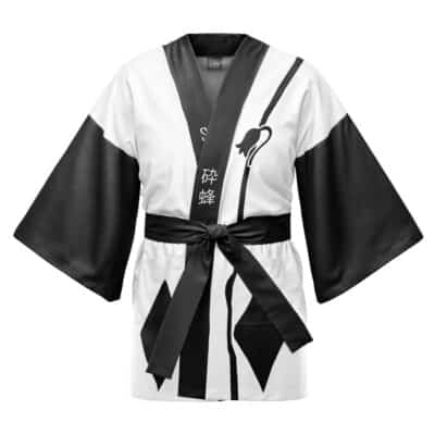 The Sousuke Aizen Bleach Happi Coat Haori Kimono features a white body, wide black sleeves, black geometric designs, a black sash belt, and Japanese characters on the front.