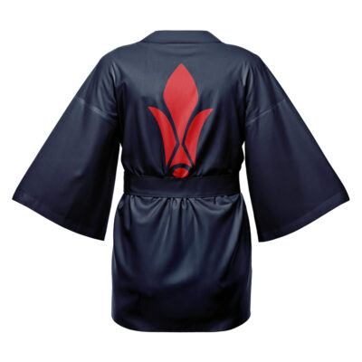 The Shigeo Kageyama Mob Psycho 100 Happi Coat Haori Kimono features dark blue fabric, wide sleeves, a black belt, and a bold red stylized lotus or flame design on the back.