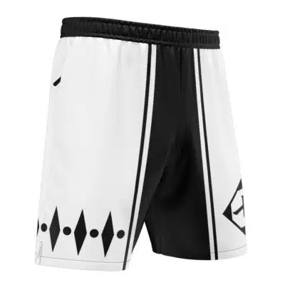 Default Versatile Shorts (Copy): White athletic shorts featuring black vertical stripes, a black geometric pattern of dots and diamonds on one leg, a black and white logo near the hem, and an elastic waistband.