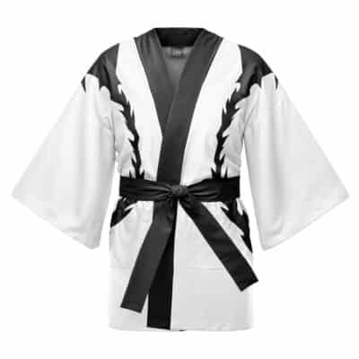 The Toshiro Hitsugaya Bleach Happi Coat Haori Kimono is a white kimono-style robe with wide sleeves, bold black accents on the collar and belt, an abstract feather motif on the front, and a waist tie with a black sash.