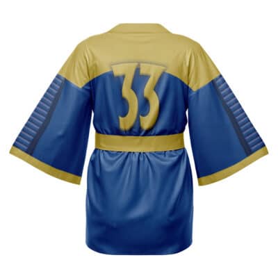 The Vault Dweller 13 Fallout Happi Coat Haori Kimono is a blue and gold kimono-style robe with wide sleeves, a belt, and large gold number 13 printed on the back.