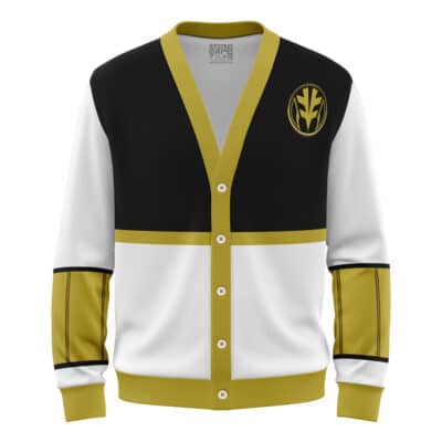 The White Ranger Mighty Morphin Power Ranger Knitted Cardigan Sweater features black, white, and gold color blocks with gold cuffs, vertical sleeve stripes, a gold emblem on the left chest, and white front buttons.