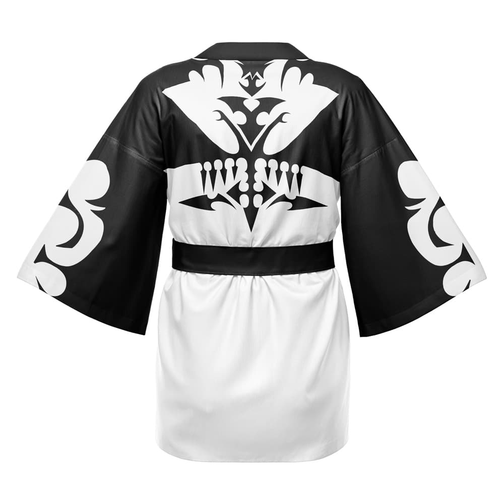 The Sora Kingdom Hearts Happi Coat Haori Kimono is a black and white robe with wide sleeves, bold symmetrical abstract patterns on the back and shoulders, and a belted waist, shown from the back.