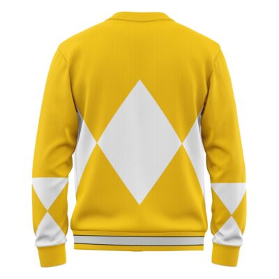 Back view of the Yellow Ranger Mighty Morphin Power Ranger Knitted Cardigan Sweater, showcasing a large white diamond on the center back, smaller white triangles on sides and sleeves, plus ribbed cuffs and waistband.