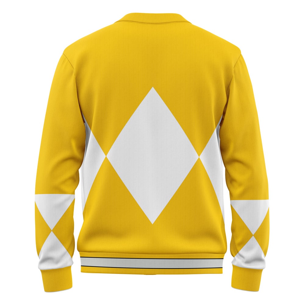 Back view of the Yellow Ranger Mighty Morphin Power Ranger Knitted Cardigan Sweater, showcasing a large white diamond on the center back, smaller white triangles on sides and sleeves, plus ribbed cuffs and waistband.