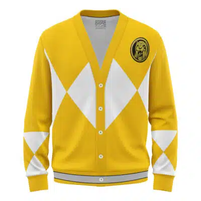 The Yellow Ranger Mighty Morphin Power Ranger Knitted Cardigan Sweater features white diamond patterns, white buttons, and a black-and-yellow lion emblem on the chest, inspired by the classic Power Rangers style.