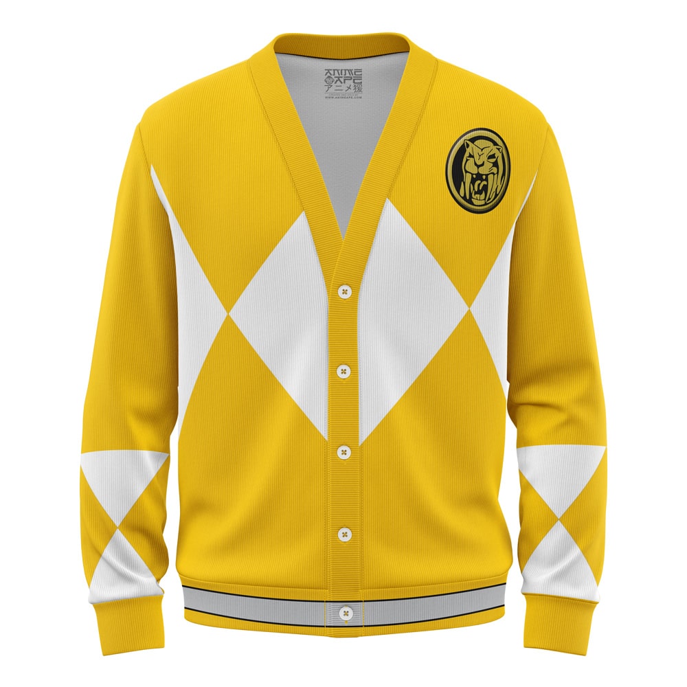 The Yellow Ranger Mighty Morphin Power Ranger Knitted Cardigan Sweater features white diamond patterns, white buttons, and a black-and-yellow lion emblem on the chest, inspired by the classic Power Rangers style.