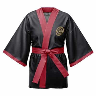 The Toji Jujutsu Kaisen Happi Coat Haori Kimono is a black kimono-style jacket with wide sleeves, red trim, a matching red waist belt, gold emblem on the left chest, and two front pockets.