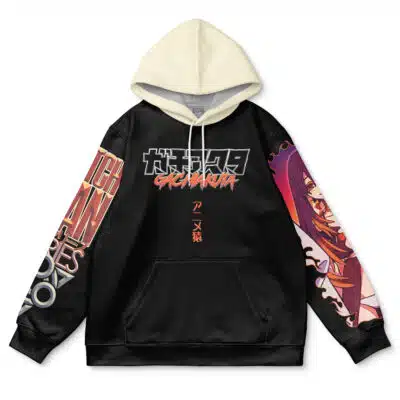 The Zanka Nijiku Gachiakuta Streetwear Hoodie is a black and cream hoodie with bold Japanese text, GAGAMANIA lettering, vibrant sleeve graphics, and an anime-style character illustration on the right sleeve.