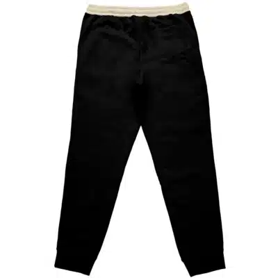 The Zanka Nijiku Gachiakuta Streetwear Sweatpants (Copy) are black with a white elastic waistband, shown from the back. They feature a relaxed fit and ribbed ankle cuffs.