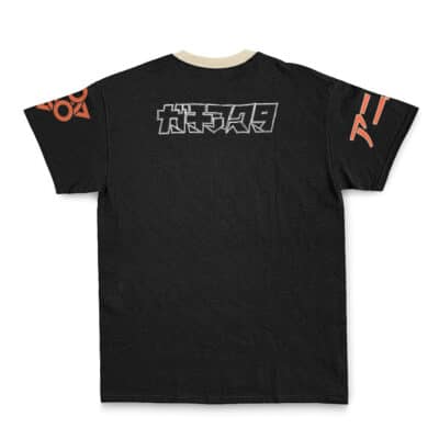 The Zanka Nijiku Gachiakuta Streetwear T-Shirt features a black design with a beige collar, bold white-outlined Japanese text on the upper back, and orange graphics on both sleeves, shown laid flat with the back side visible.