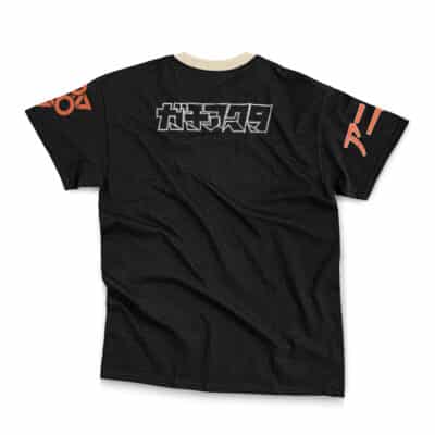 The Zanka Nijiku Gachiakuta Streetwear T-Shirt features a black base with a beige collar, bold gray Japanese katakana on the upper back, and orange graphic symbols on both sleeves, shown against a white background.