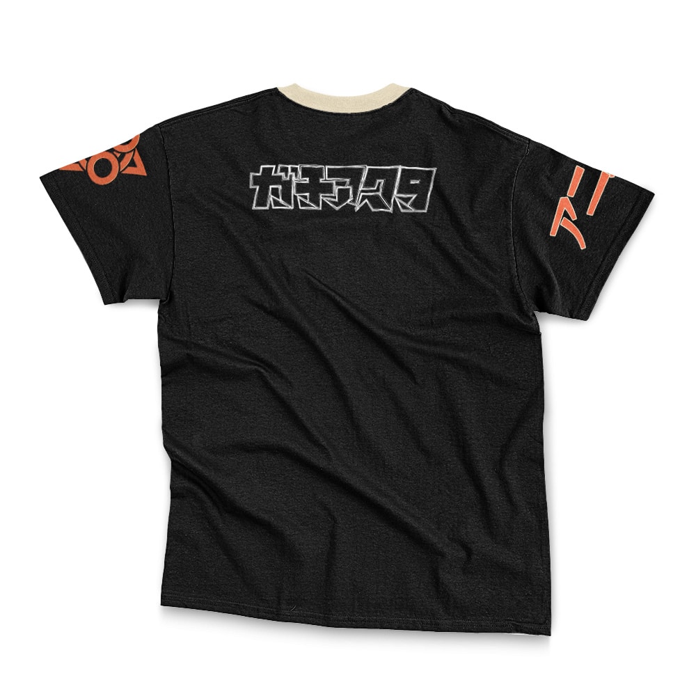 The Zanka Nijiku Gachiakuta Streetwear T-Shirt features a black base with a beige collar, bold gray Japanese katakana on the upper back, and orange graphic symbols on both sleeves, shown against a white background.