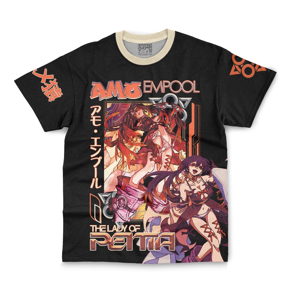 The Zanka Nijiku Gachiakuta Streetwear T-Shirt features vibrant anime-style art of two female characters in elaborate outfits, with bold Japanese and English text—AMO EMPOOL and THE LADY OF PENTA—on the black front.