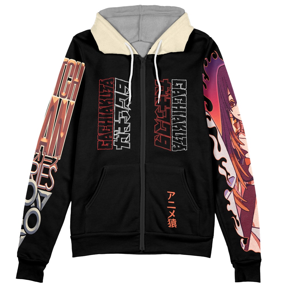 A Zanka Nijiku Gachiakuta Streetwear Zip Hoodie Jacket in black featuring a cartoon character design.