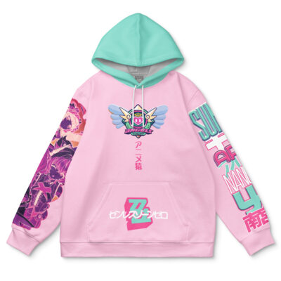 The Nicole Demara Zenless Zone Zero Streetwear Hoodie features a pastel pink base with a teal hood, vibrant anime-style graphics, Japanese text, and bold lettering in pink, teal, and purple on the front and sleeves.