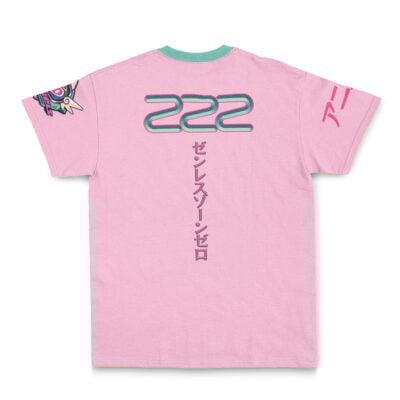 The Nicole Demara Zenless Zone Zero Streetwear T-Shirt (Copy) is a pink tee with a green collar, bold 222 and vertical Japanese text on the back, plus colorful graphics and stylized text on the sleeves.