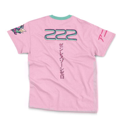 Back of the Nicole Demara Zenless Zone Zero Streetwear T-Shirt (pink with teal collar) features large teal “222,” Japanese text below, colorful graphic on the left sleeve, and red Japanese text on the right sleeve.