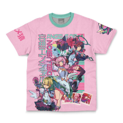 The Nicole Demara Zenless Zone Zero Streetwear T-Shirt (Copy) is a pink tee with vibrant anime graphics, Japanese text, colorful sleeve designs, green collar trim, and three small illustrations near the hem.