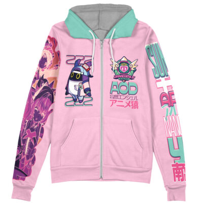 The Nicole Demara Zenless Zone Zero Streetwear Zip Hoodie Jacket features a pastel pink color, anime-inspired robot graphic on the front, stylized Japanese text, colorful character art on the sleeves, and light blue-gray hood lining.