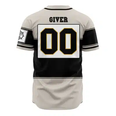 A beige and black Decidueye Pokemon Baseball Jersey (Copy) viewed from the back, with "GIVER" above the number 00 in bold black and gold, plus a white left-sleeve patch with a spiral design.