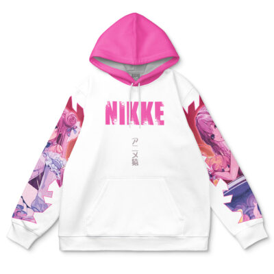 The Privaty Nikke Streetwear Hoodie features a white body, pink hood, bold pink "NIKKE" lettering on the chest, vibrant anime-style art on the sleeves, and Japanese text beneath the main logo.