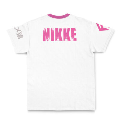 The Privaty Nikke Streetwear T-Shirt (Copy) is a white tee with a pink collar and sleeve cuffs. "NIKKE" appears in bold, distressed pink on the back, while light gray and pink Japanese characters decorate the sleeves.