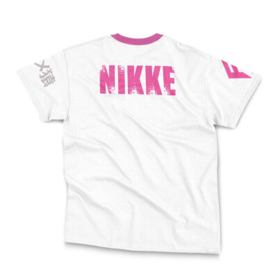The Privaty Nikke Streetwear T-Shirt features a pink collar, “NIKKE” in bold pink distressed letters on the back, and light gray and pink graphics on the sleeves.