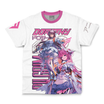 The Privaty Nikke Streetwear T-Shirt (Copy) is a white tee with pink trim, displaying two anime-style girls in detailed outfits and bold pink and purple “DOROTHY” text plus stylized Japanese characters on the front and sleeves.