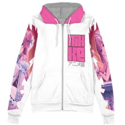 The Privaty Nikke Streetwear Zip Hoodie Jacket (Copy) is a white zip-up hoodie with pink hood and shoulders, anime-style characters on both sleeves, and "NIKKE" with Japanese text on the chest.