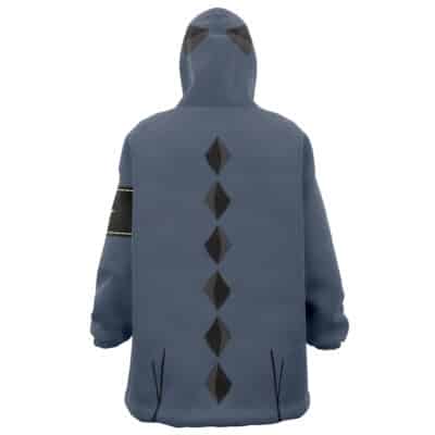 The King Kai Cosplay DBZ Oversized Blanket Hoodie (Copy) is blue-gray, with a hood and black accents on the hood and sleeves, plus five black diamond shapes in a vertical row down the back.
