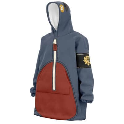 The King Kai Cosplay DBZ Oversized Blanket Hoodie is a blue and red hooded sweatshirt with a large front pocket, front zipper, and black armband featuring a yellow swirl, inspired by anime character outfits.