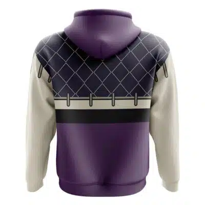 The Rudo Surebrec Cosplay Gachiakuta Zip Hoodie Jacket features a purple hood and lower section, cream sleeves, and a grid with horizontal stripes plus black clip designs across the upper back.