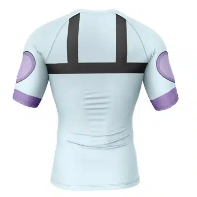 The Charlie Brown Snoopy Short Sleeve Rash Guard Compression Shirt features a light blue design with black stripes on the upper back and purple oval sleeve patches, shown from the back.