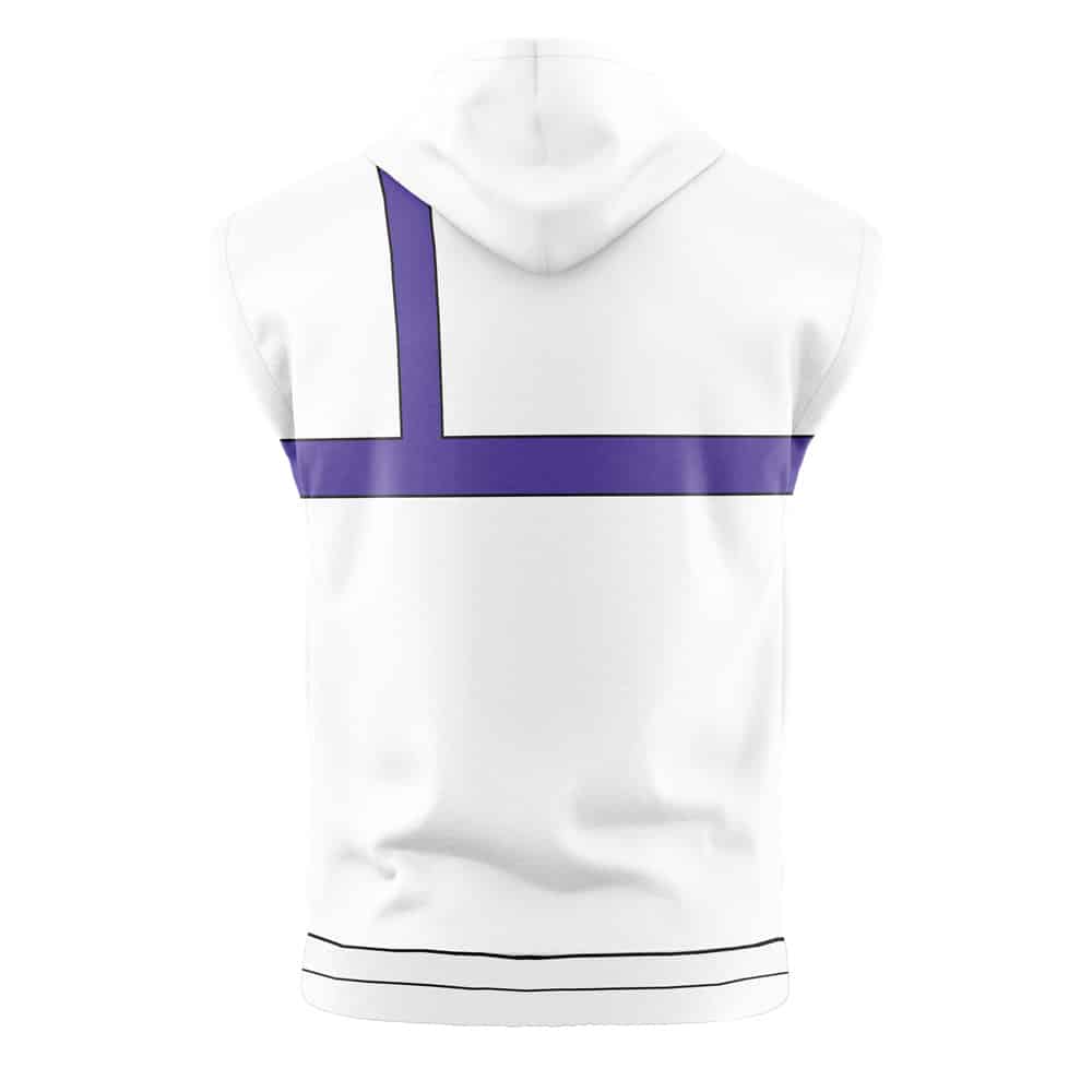 The Johnny Joestar Manga Jojo’s Bizarre Adventure Steel Ball Run Sleeveless Hoodie features a bold blue horizontal and vertical stripe design on the back's upper left, with thin black stripes near the bottom hem.