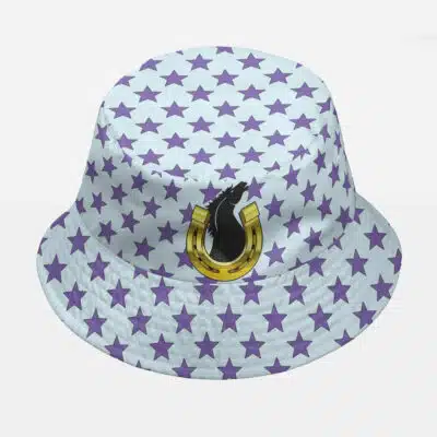 The Homer Bush Meme The Simpsons Custom Bucket Hat is a white hat with purple stars, featuring a gold horseshoe and black chess knight on the front.