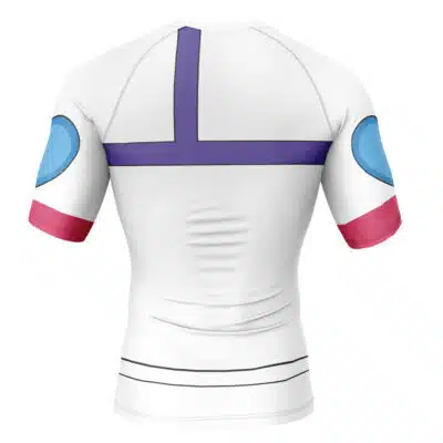 The Johnny Joestar Manga Jojo’s Bizarre Adventure Steel Ball Run Short Sleeve Rash Guard Compression Shirt features blue ovals on white sleeves, red cuffs, and stylized purple and black lines on the back.