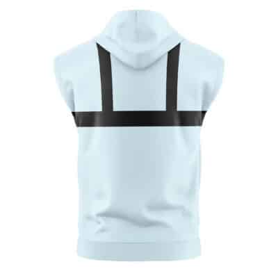 The Mario Cosplay V2 Super Mario Bros. Sleeveless Hoodie features a light blue design with a black horizontal stripe on the upper back and two vertical black lines from the shoulders to the stripe, viewed from behind.