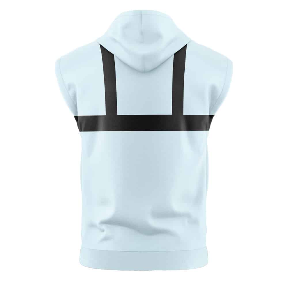 The Mario Cosplay V2 Super Mario Bros. Sleeveless Hoodie features a light blue design with a black horizontal stripe on the upper back and two vertical black lines from the shoulders to the stripe, viewed from behind.