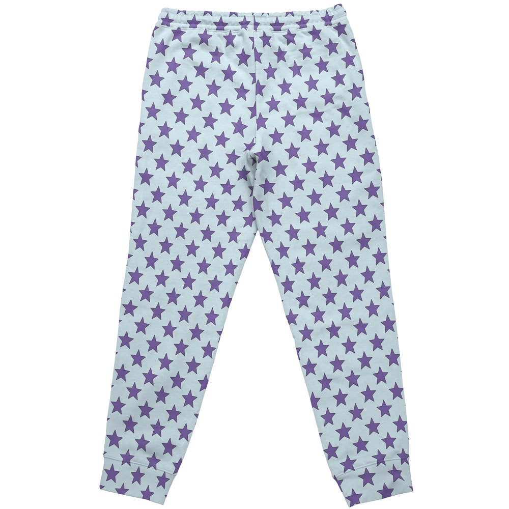 The Space Suit Goku DBZ Sweatpants (Copy) feature a light blue color with an all-over pattern of dark purple stars, plus an elastic waistband and fitted ankle cuffs for comfort.