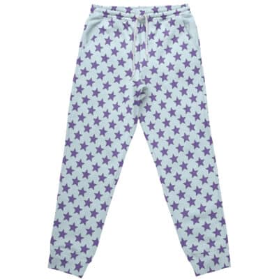 The Space Suit Goku DBZ Sweatpants feature light blue fabric with an elastic waistband, drawstring, side pockets, relaxed fit, and an all-over purple stars pattern.