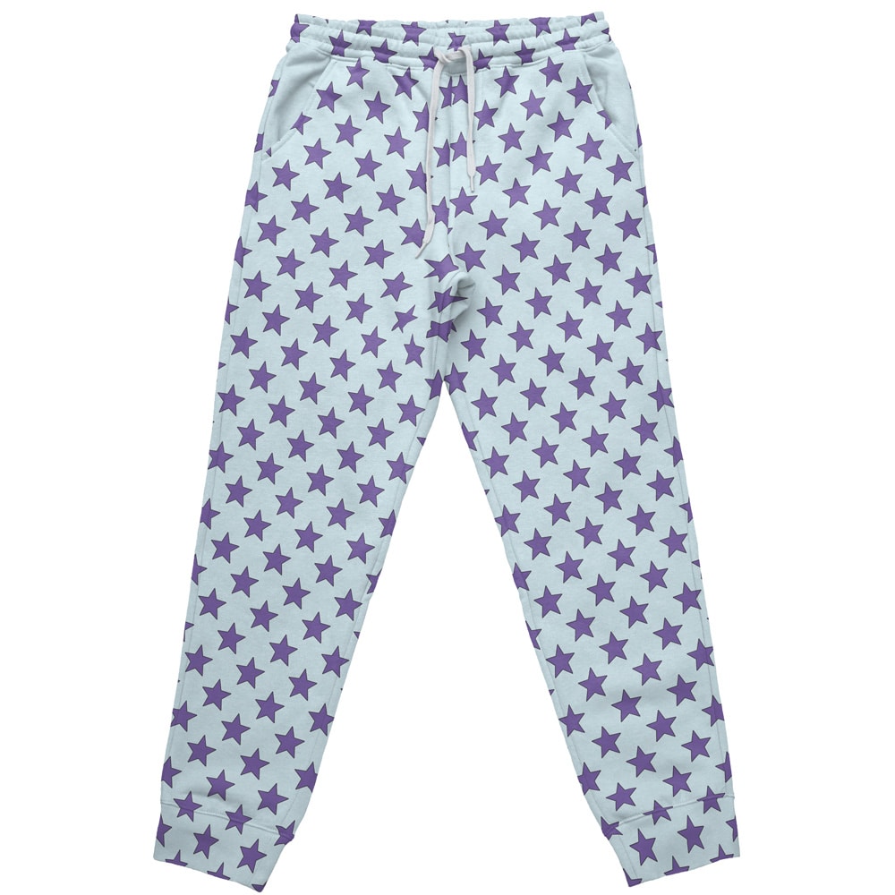 The Space Suit Goku DBZ Sweatpants feature light blue fabric with an elastic waistband, drawstring, side pockets, relaxed fit, and an all-over purple stars pattern.