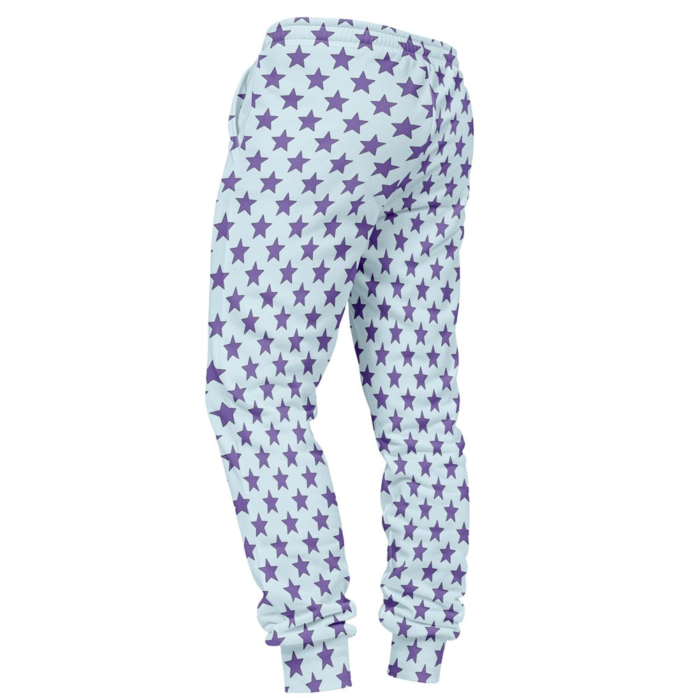 The Space Suit Goku DBZ Sweatpants (Copy) are light blue joggers with an all-over dark blue star pattern, elastic waistband, and ankle cuffs, shown from the back against a white background.