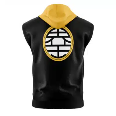 The Rudo Surebrec Cosplay Gachiakuta Sleeveless Hoodie features a black body, yellow hood, and a large circular white and yellow kanji symbol on the back.