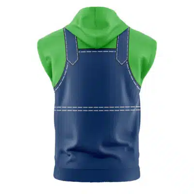 The King Kai Cosplay DBZ Sleeveless Hoodie features a green hood and top, with a blue lower section styled like overalls, complete with white stitching details on the back.