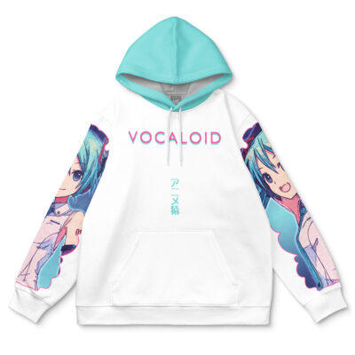 The Dorothy Nikke Streetwear Hoodie (Copy) is a white and light blue hoodie with "VOCALOID" in pink, Japanese text underneath, and Hatsune Miku anime-style illustrations on both sleeves.