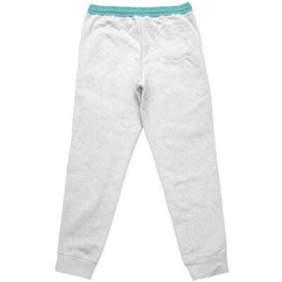 Dorothy Nikke Streetwear Sweatpants (Copy) in white, featuring a teal elastic waistband, relaxed fit, and fitted ankle cuffs. Shown laid flat with the back facing up.