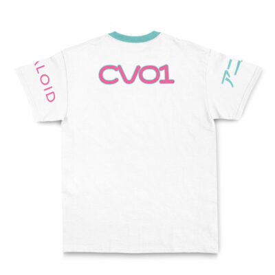 The Dorothy Nikke Streetwear T-Shirt features a white base, teal collar and sleeve edges, bold pink and purple CVO1 on the back, ALLOID in pink on one sleeve, and teal symbols on the other.